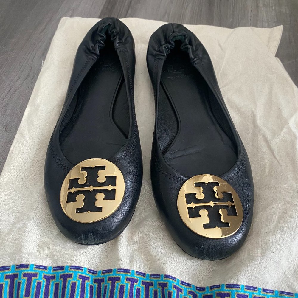 Black & Gold Tory Burch Reva Ballerina Flats, 8